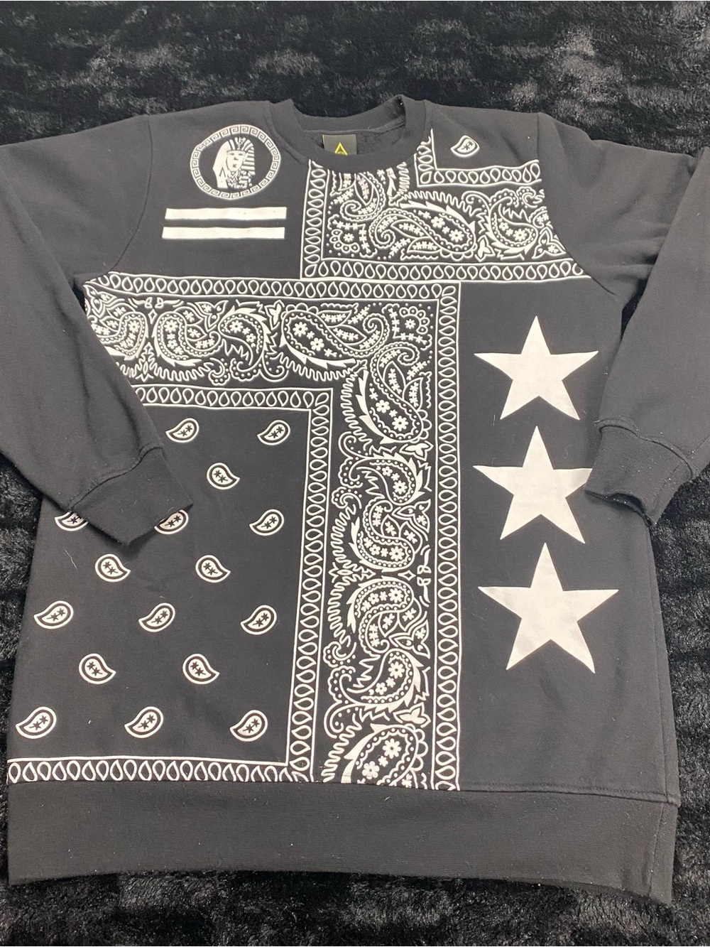 Black Bandana-Print Crewneck Sweater with Star Accents